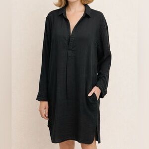 CP Shades Lara Black Gauze Tunic Shirt Dress Size L Long Sleeve Collared Pockets